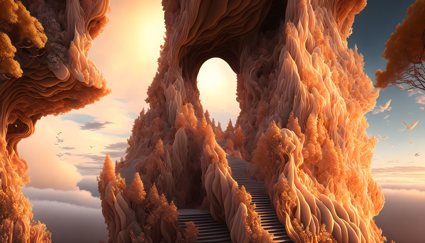 Surreal landscape with winding staircase and orange rock formations