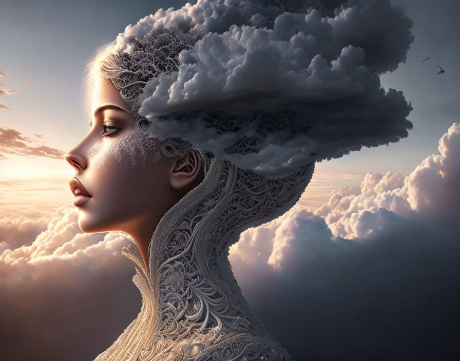 Surreal portrait of woman with head merging into cloud and detailed lace patterns on attire against dramatic sky