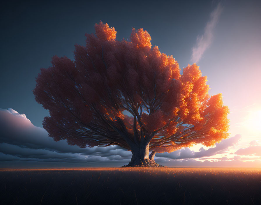 Majestic tree with orange foliage in serene field at sunset