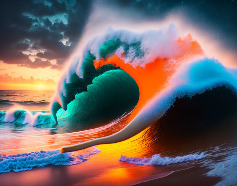 Surreal ocean wave with green to orange gradient against sunset sky