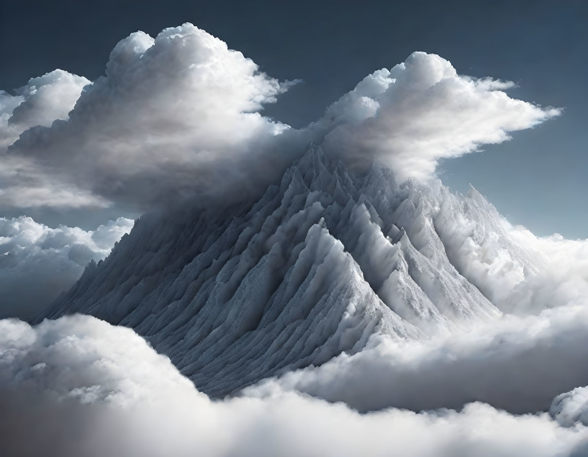 Snow-covered mountain peak above sea of clouds under blue sky