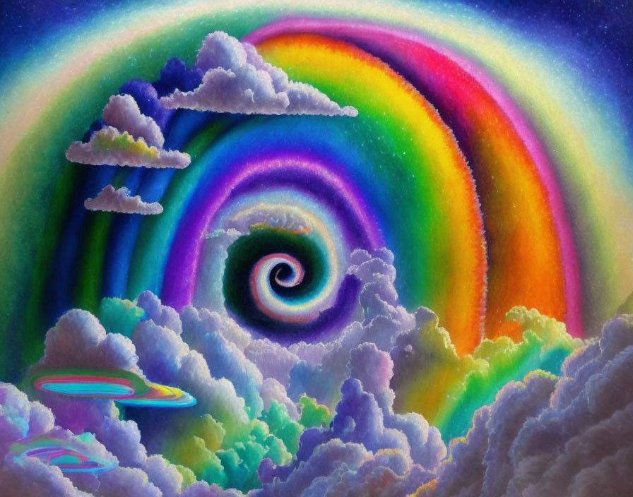 Colorful Spiral Rainbow Painting with Clouds and Floating Discs