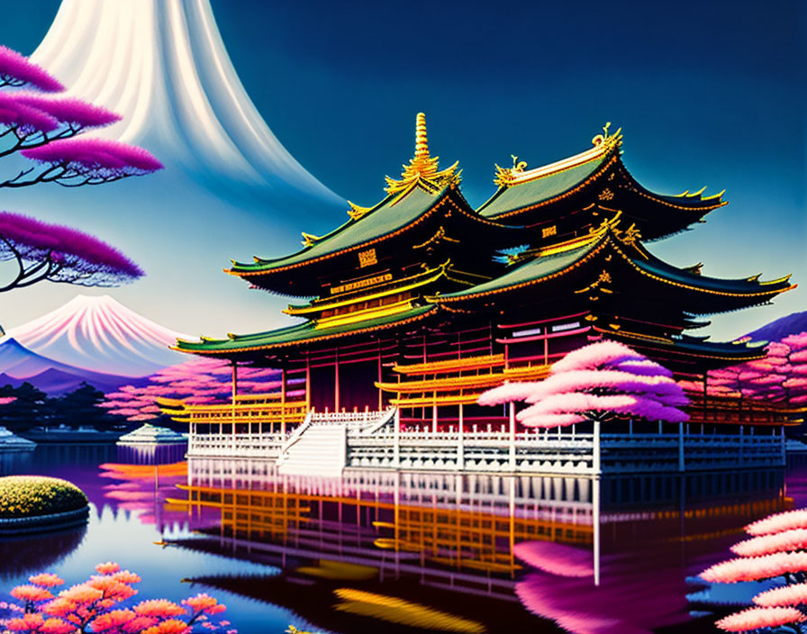 Traditional Japanese pagoda by lake with pink trees, mountains, crescent moon