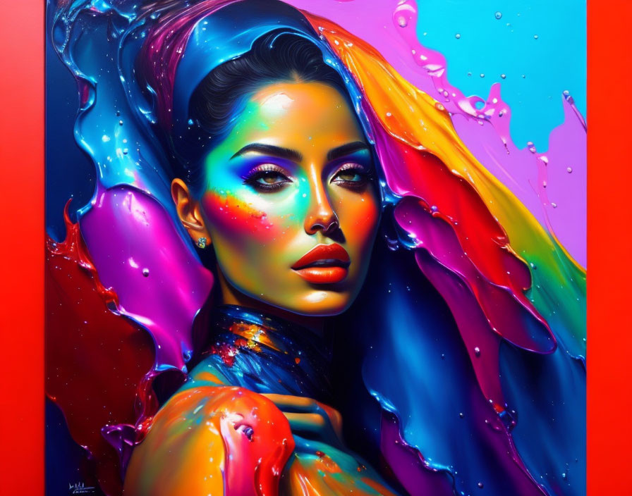 Colorful portrait of a woman with paint flowing on her against blue and red backdrop