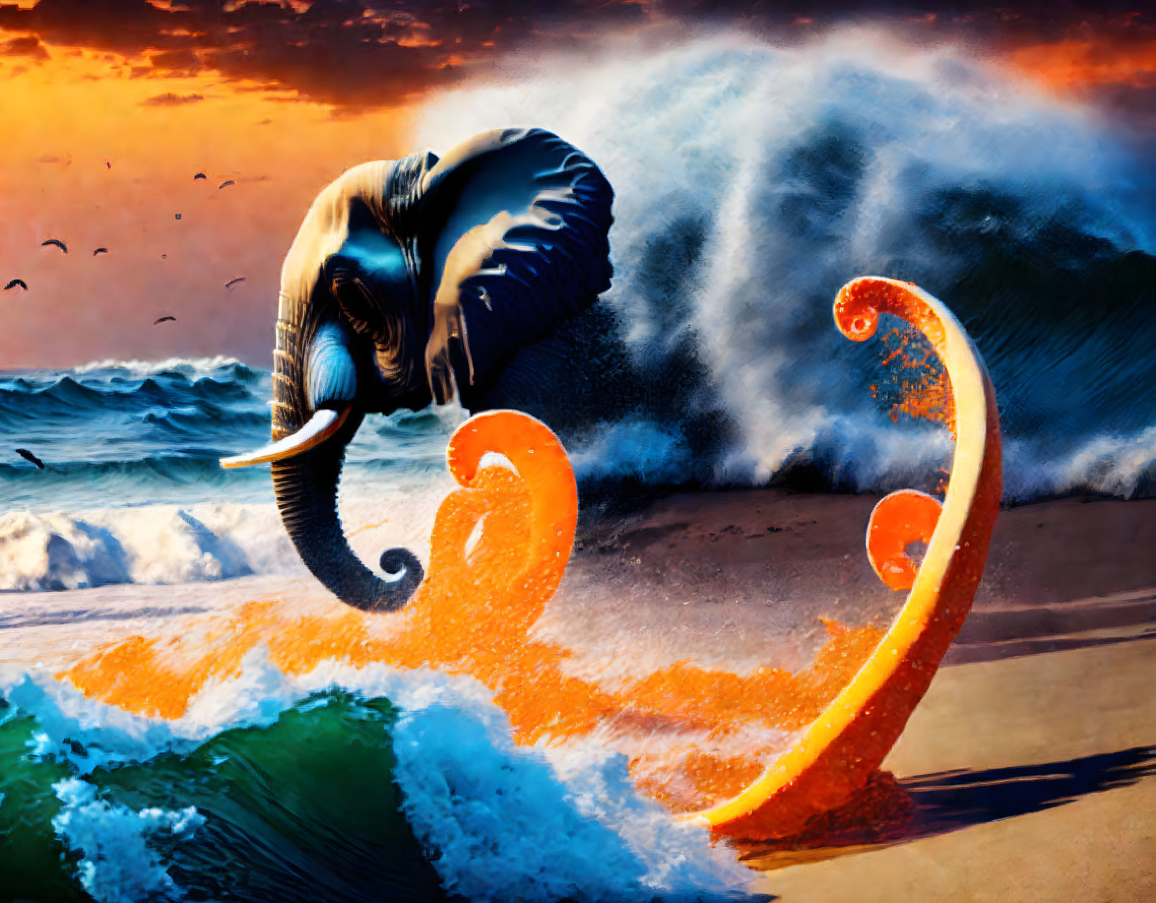 Surreal elephant surfing wave with curled tusks in orange spiral sunset scene