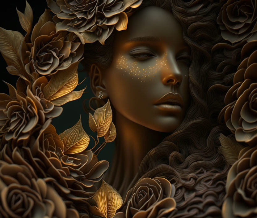 Digital artwork: Woman's face with bronze flowers and star-like specks