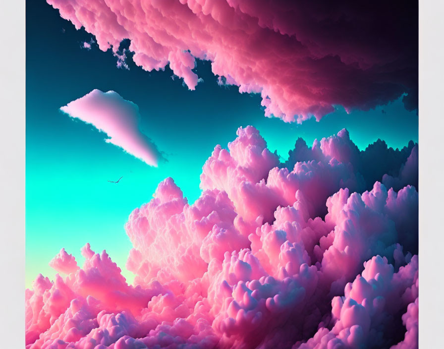 Vivid Pink and Blue Sky with Fluffy Clouds and Solitary Bird Flight