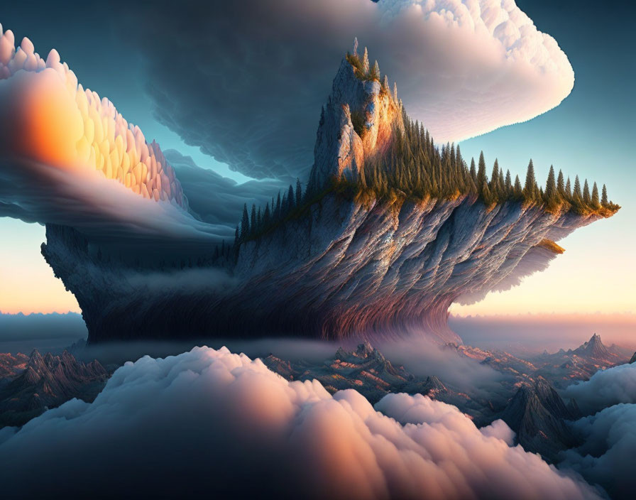 Surreal floating mountain island above clouds with pine trees and sunset sky