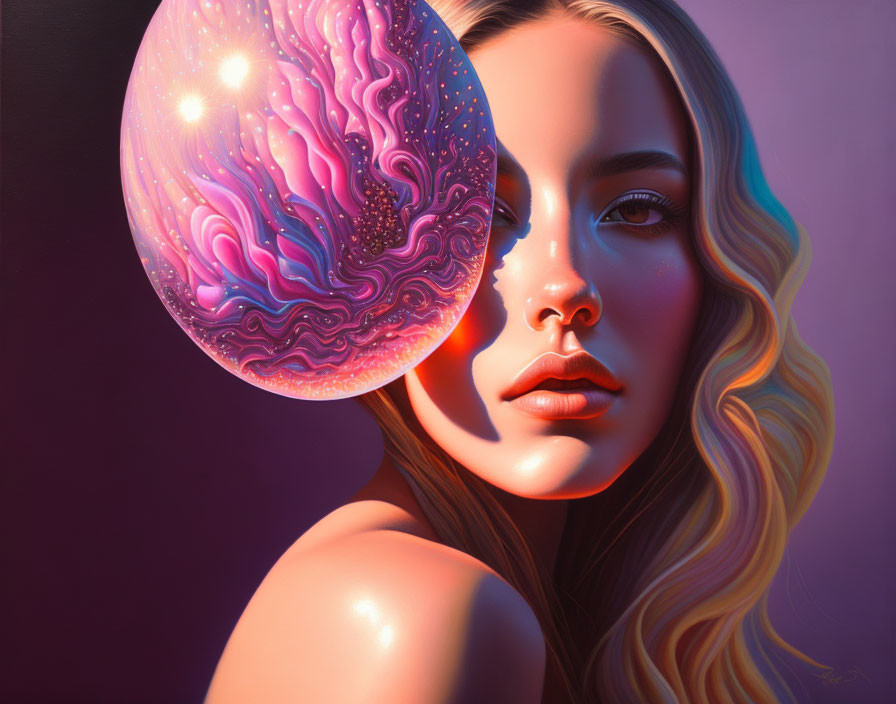 Surreal portrait of woman with glowing skin and cosmic jellyfish orb