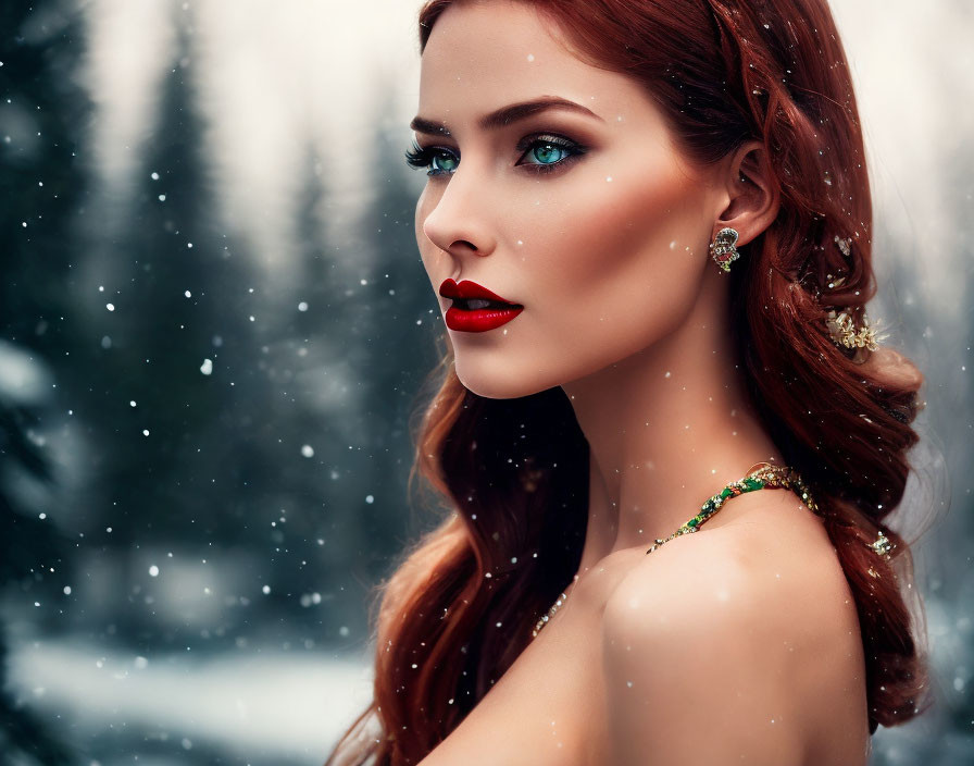 Red-haired woman with green eyes and emerald jewelry in snowy setting