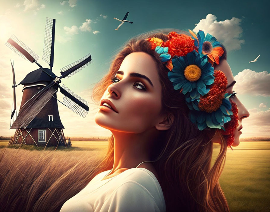 Woman with floral headpiece near windmill in serene fieldscape.