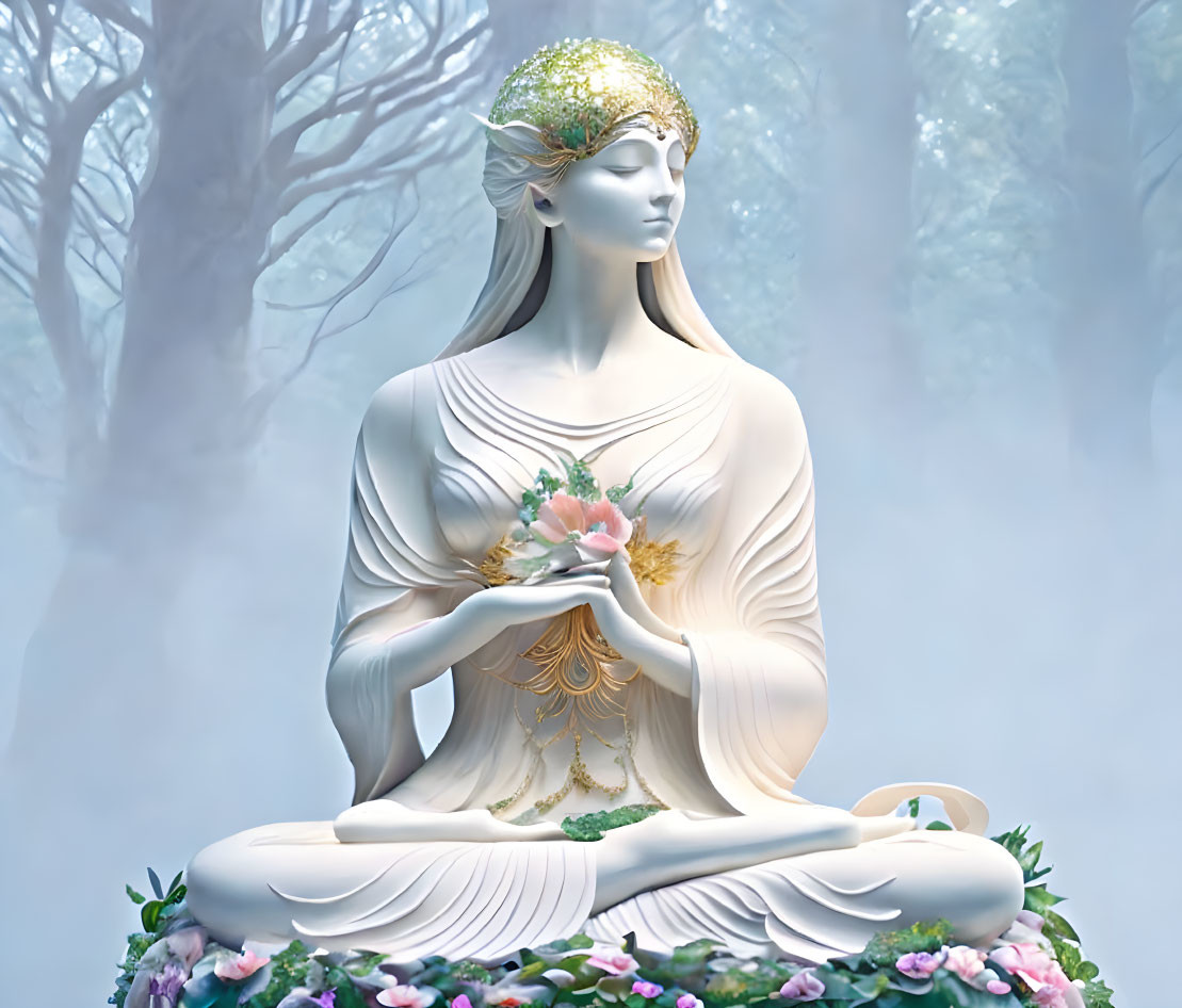 White statue of meditating woman with lotus flower in hand, gold accents, misty forest background