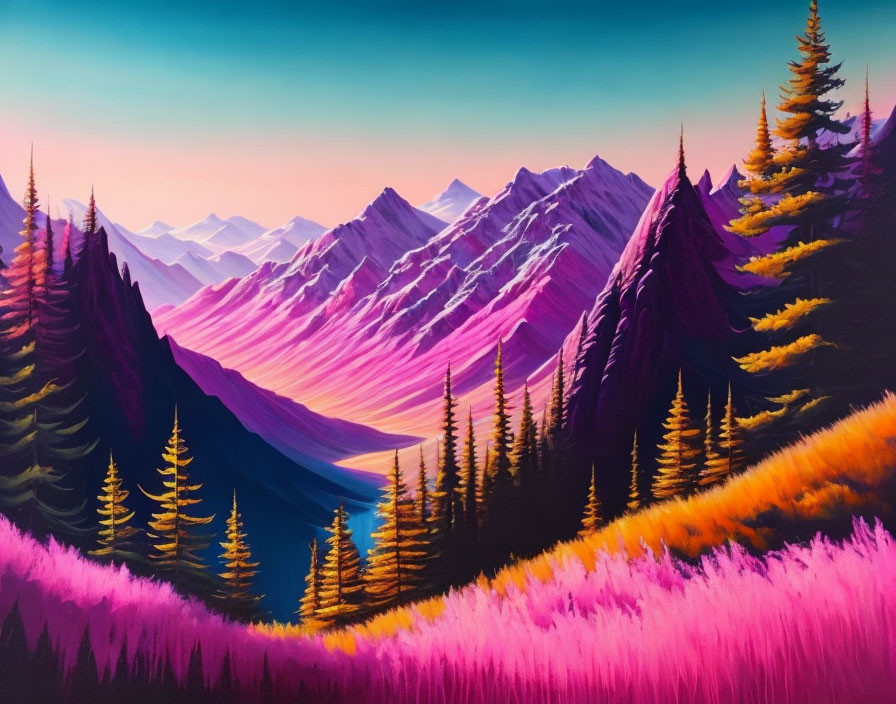 Mountain Landscape Painting: Purple Hues, River, Trees, Sunset Sky