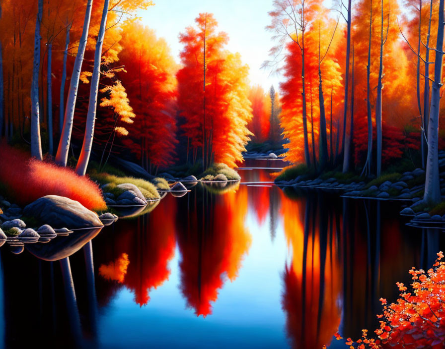 Serene river reflecting autumn foliage in shades of orange and red