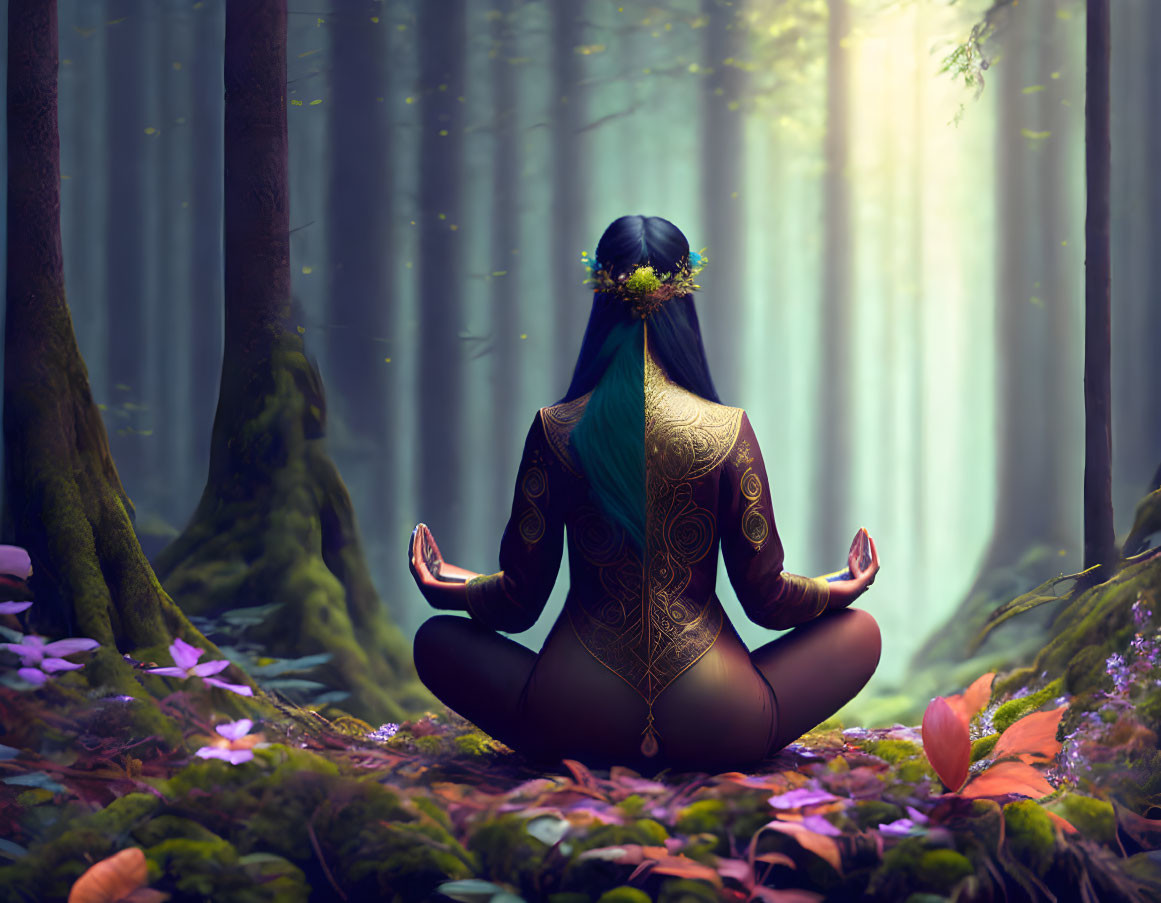 Meditating person in serene forest with sunbeams and purple flowers