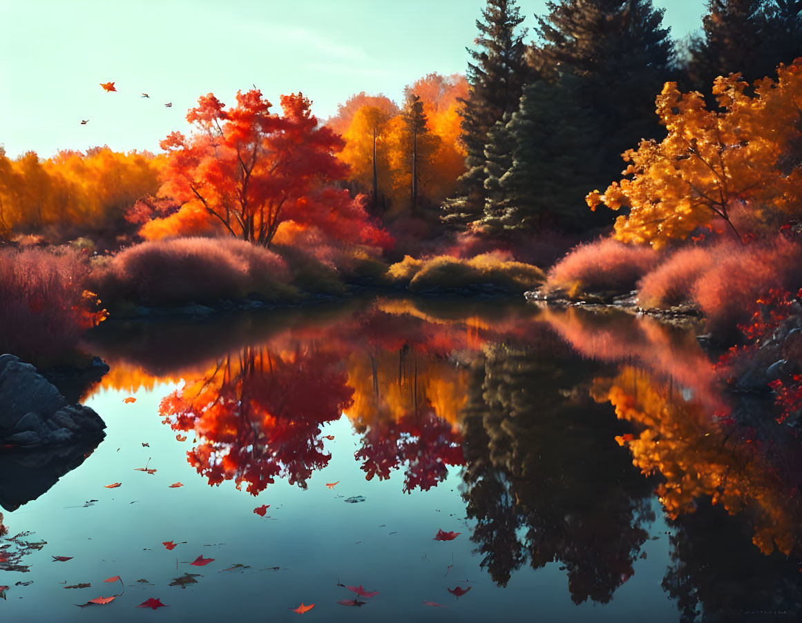 Autumn scenery: vibrant foliage, still lake, warm sunlight.