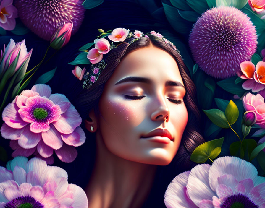 Serene woman with floral headband among vibrant flowers on dark background