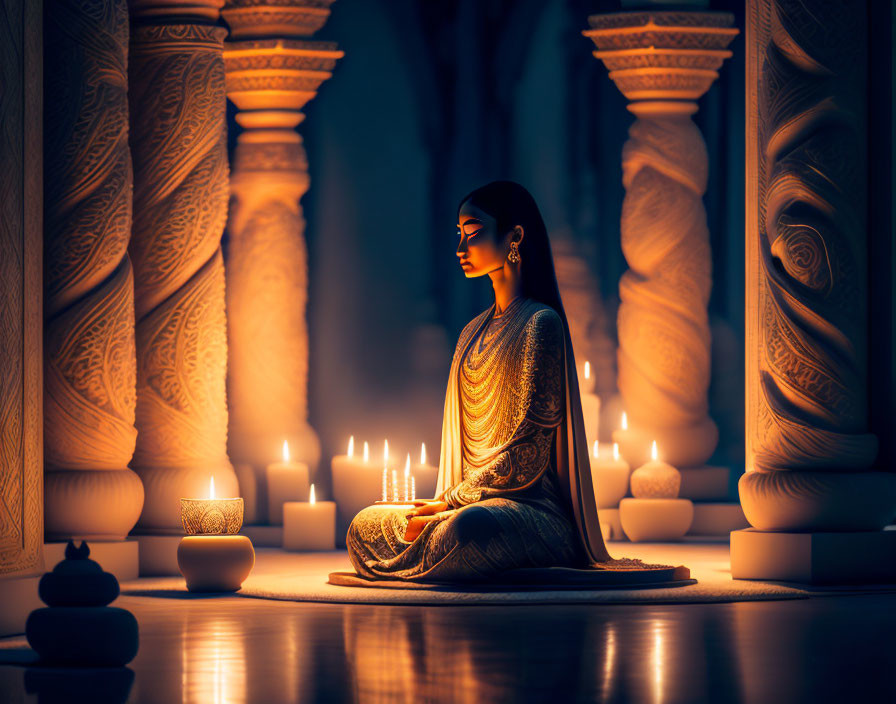 Traditional attire woman meditates among candles in ornate, dimly lit space