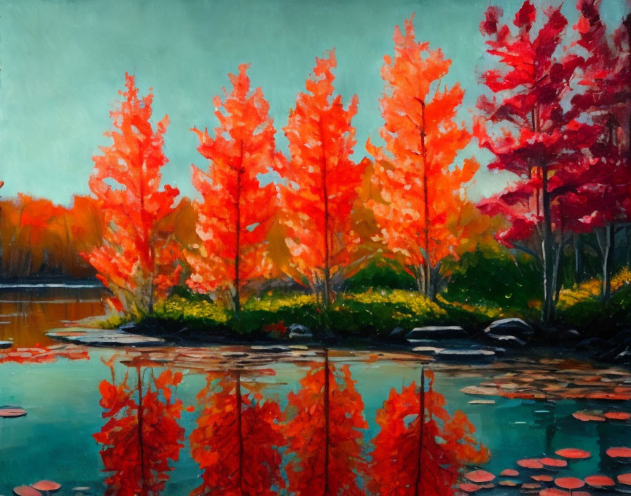 Autumn trees painting: red and orange leaves, water reflection, rocks, greenery