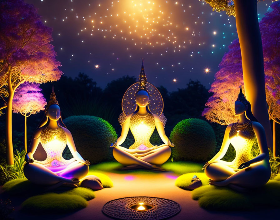 Meditative Buddha figures in serene starlit garden