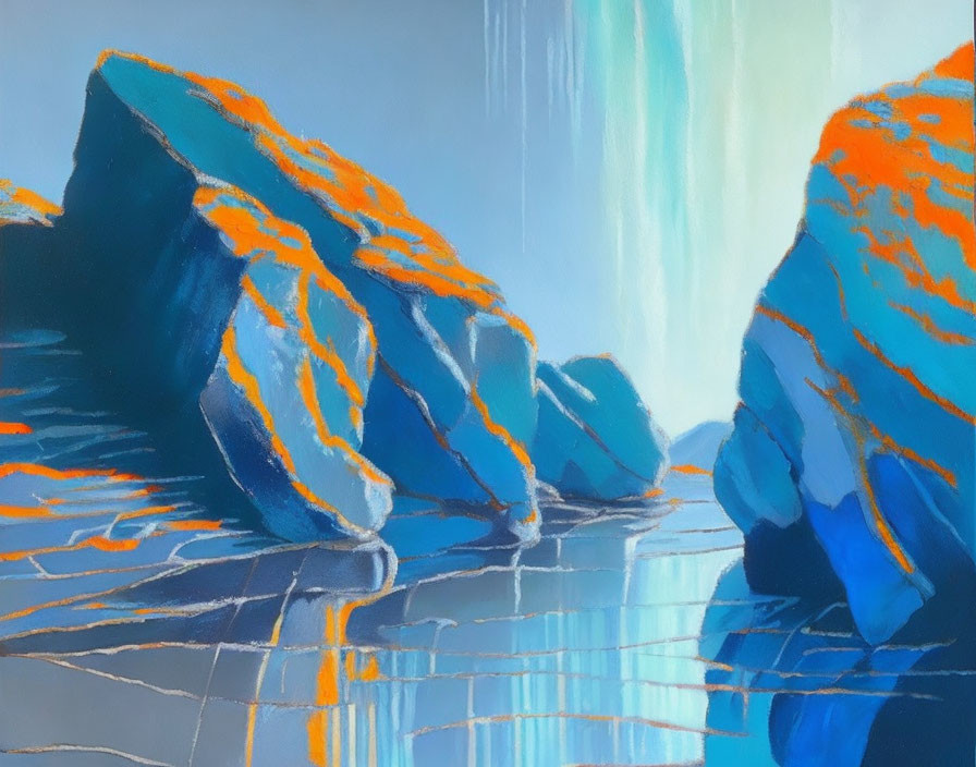 Vibrant painting of blue and orange rock formations, calm water, and distant waterfall.