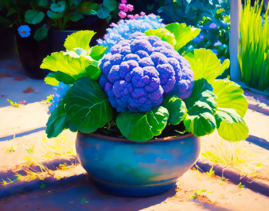 Colorful Hydrangea Painting in Teal Pot with Greenery and Sunlight