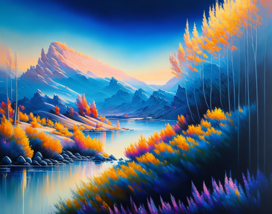 Colorful Landscape Painting: Serene Lake, Autumn Trees, Mountain Range