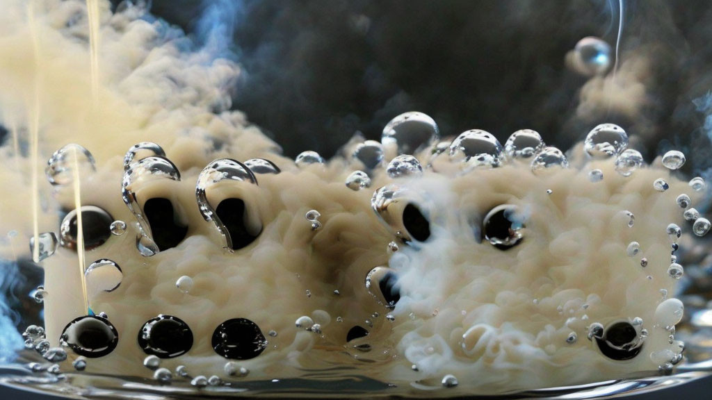 Macro photo: Water droplets above bubbling liquid with steam