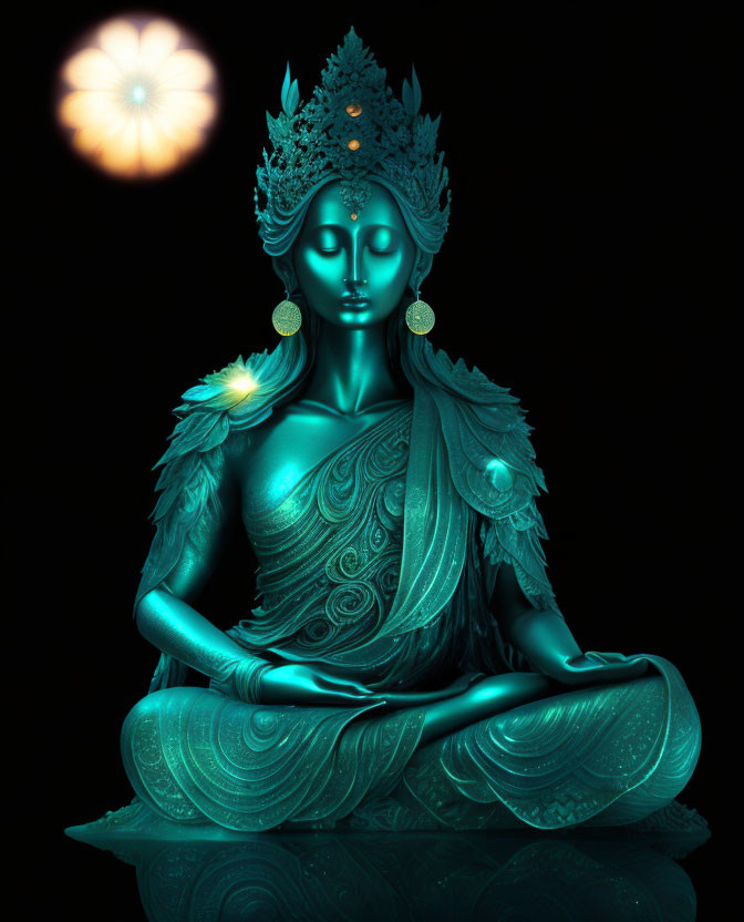 Turquoise Buddha-like statue with ornate headdress and feathers meditating.