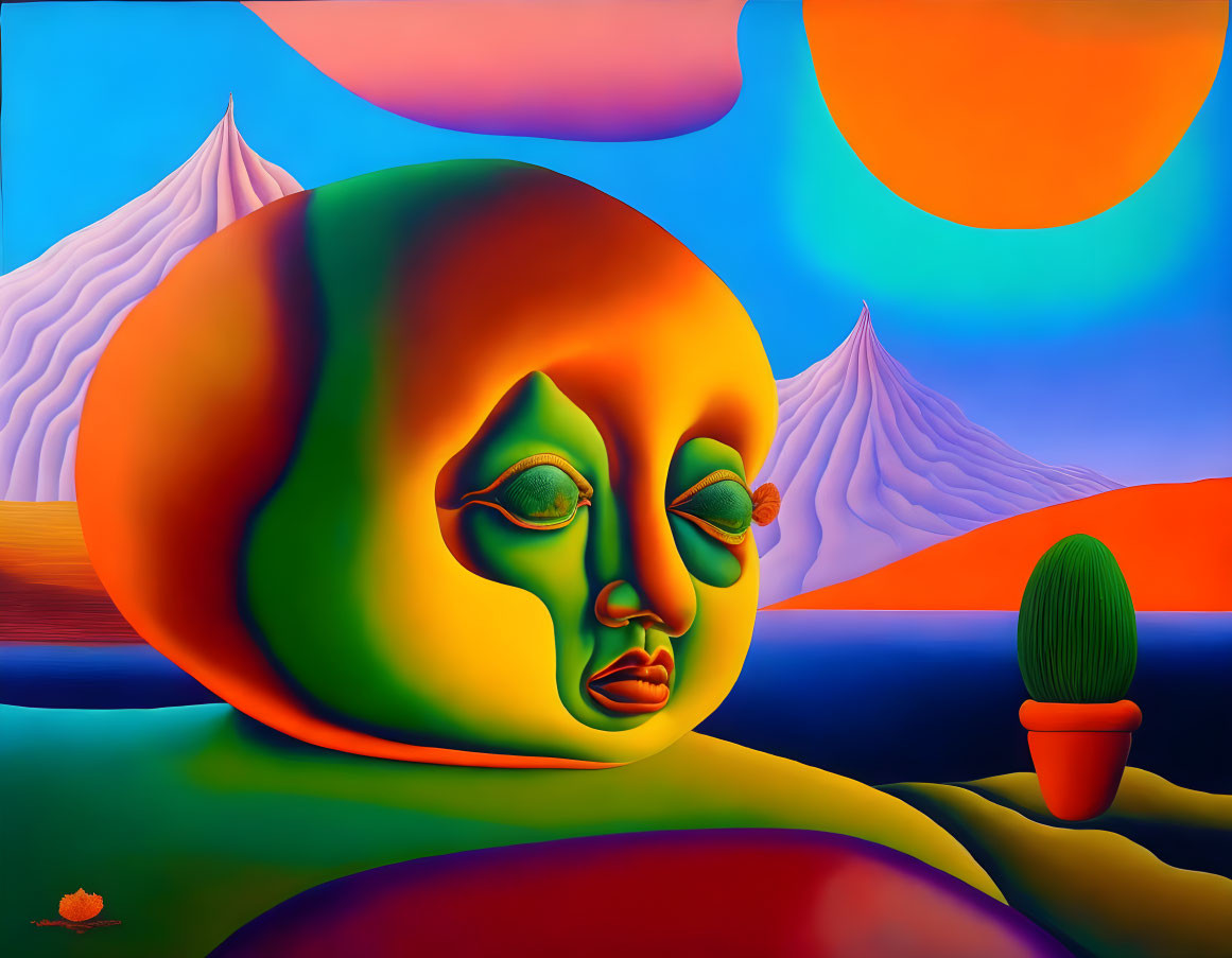 Colorful Surreal Painting: Double-faced Head in Vibrant Landscape