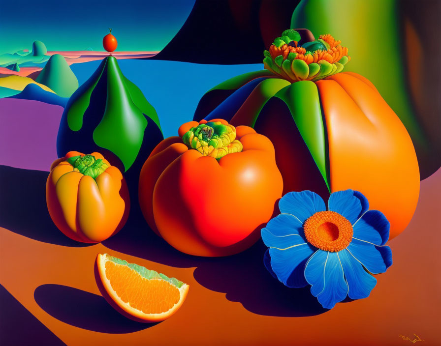 Colorful still life painting with oranges, flower, and surreal landscapes.