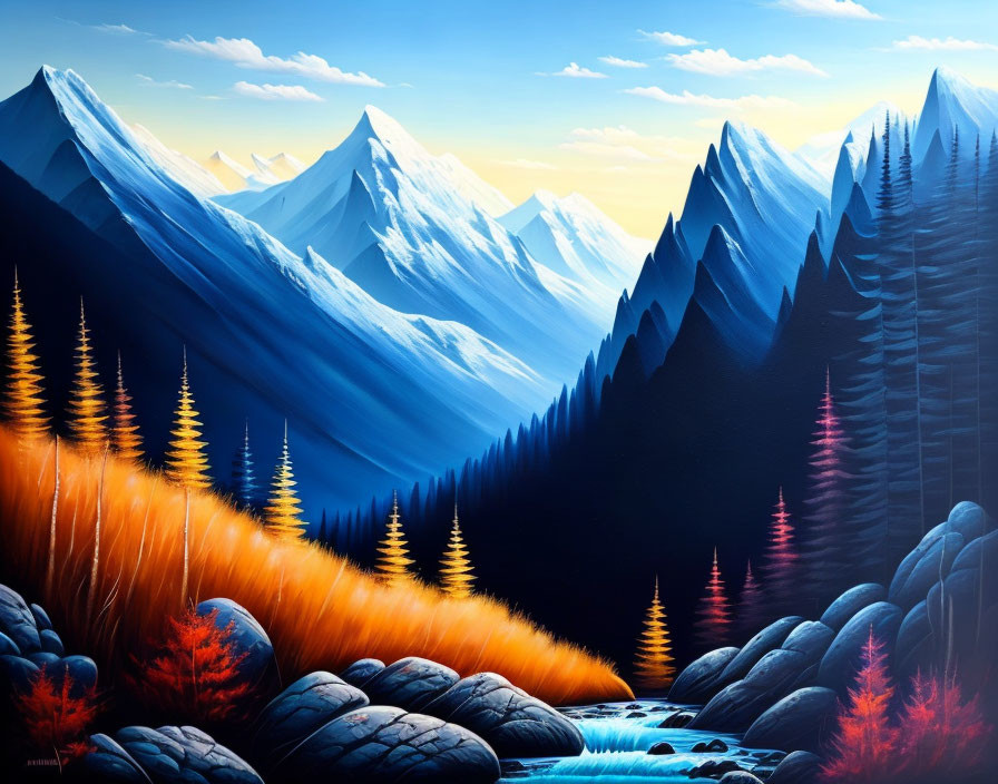 Mountainous Landscape Painting with Snow-Capped Peaks & River