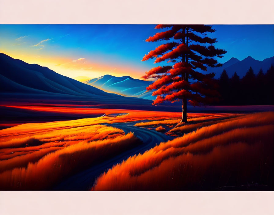 Vibrant sunset landscape with orange hues, lone tree, rolling hills, mountain backdrop