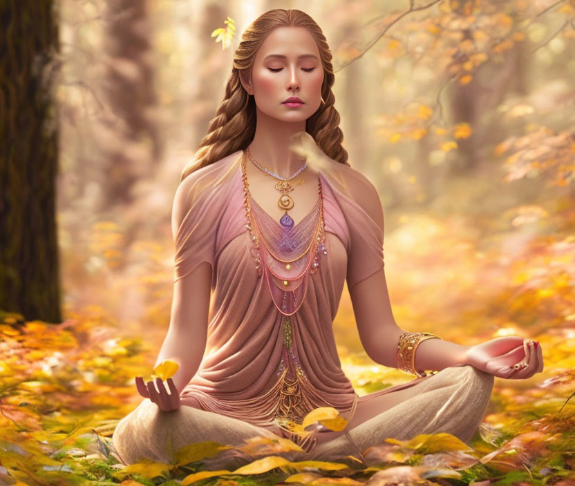 Serene woman meditating in lotus position among autumn leaves