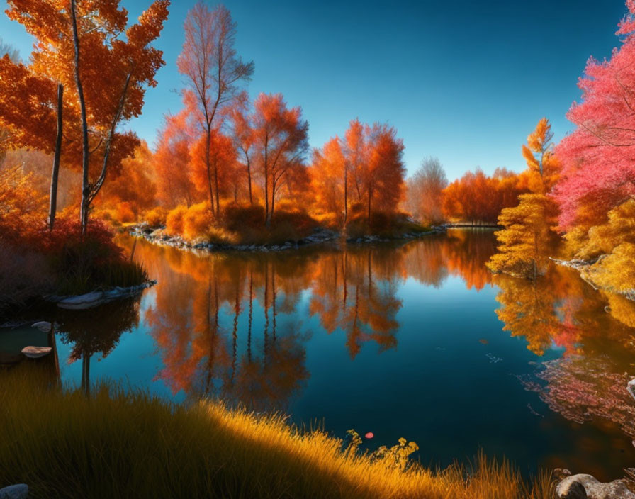 Autumn landscape: calm river mirrors colorful trees under blue sky