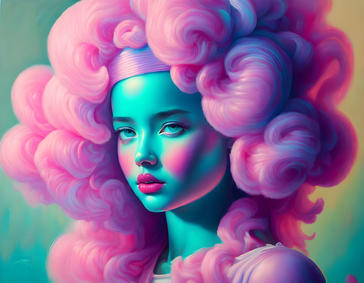 Vibrant digital artwork: woman with pink hair & teal skin