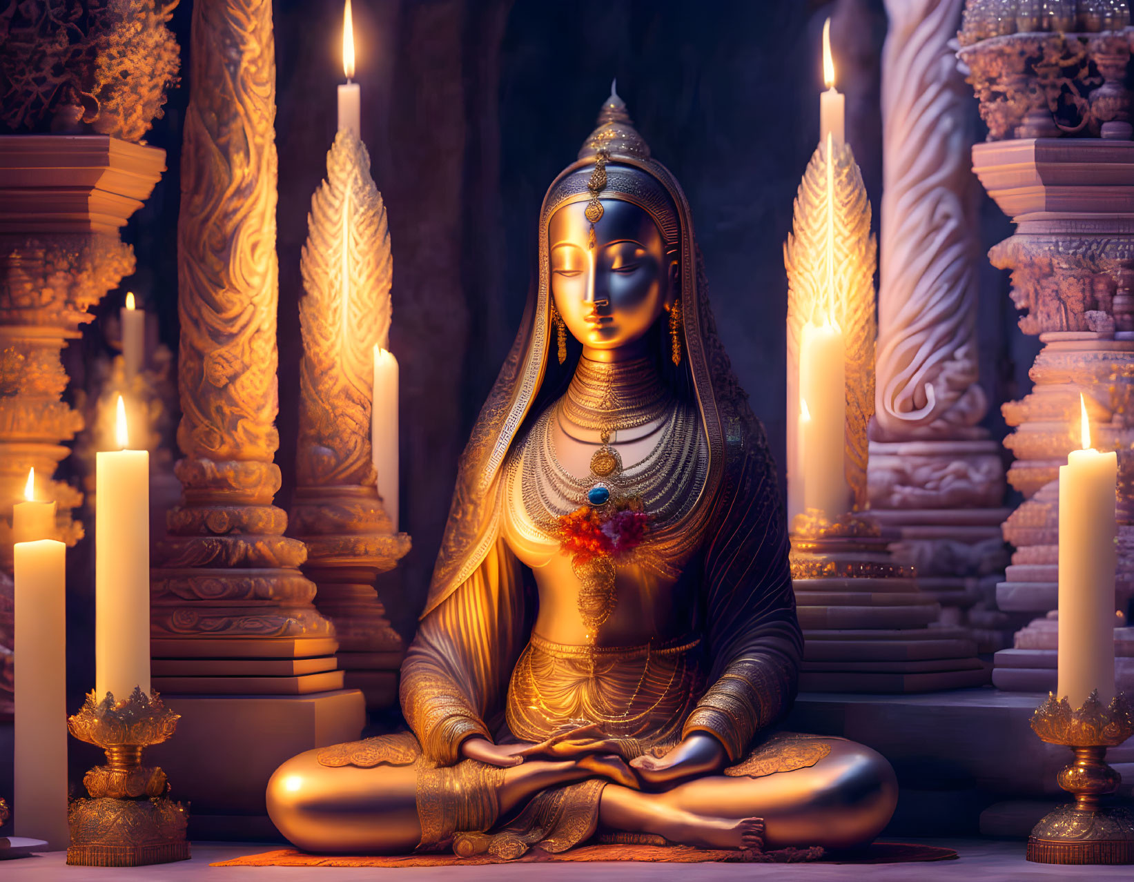 Golden figure in meditation with candles & traditional attire