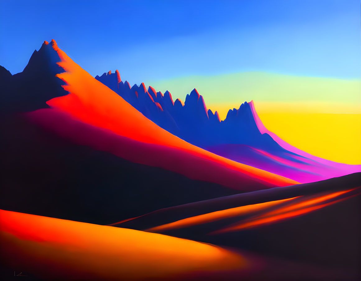 Colorful digital artwork: Mountain range with sharp peaks against gradient sky.