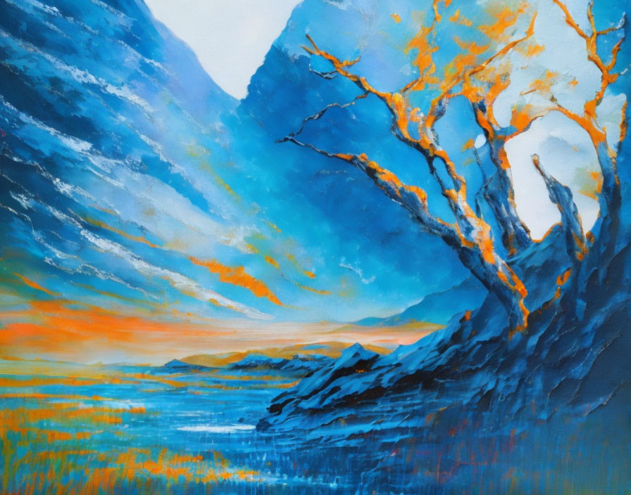 Colorful painting of solitary tree with orange leaves against blue sky and water