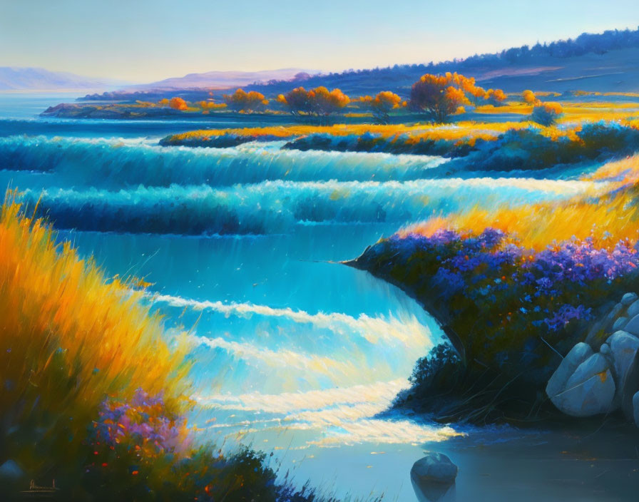 Colorful Coastal Landscape with Blue Waves and Golden Grass