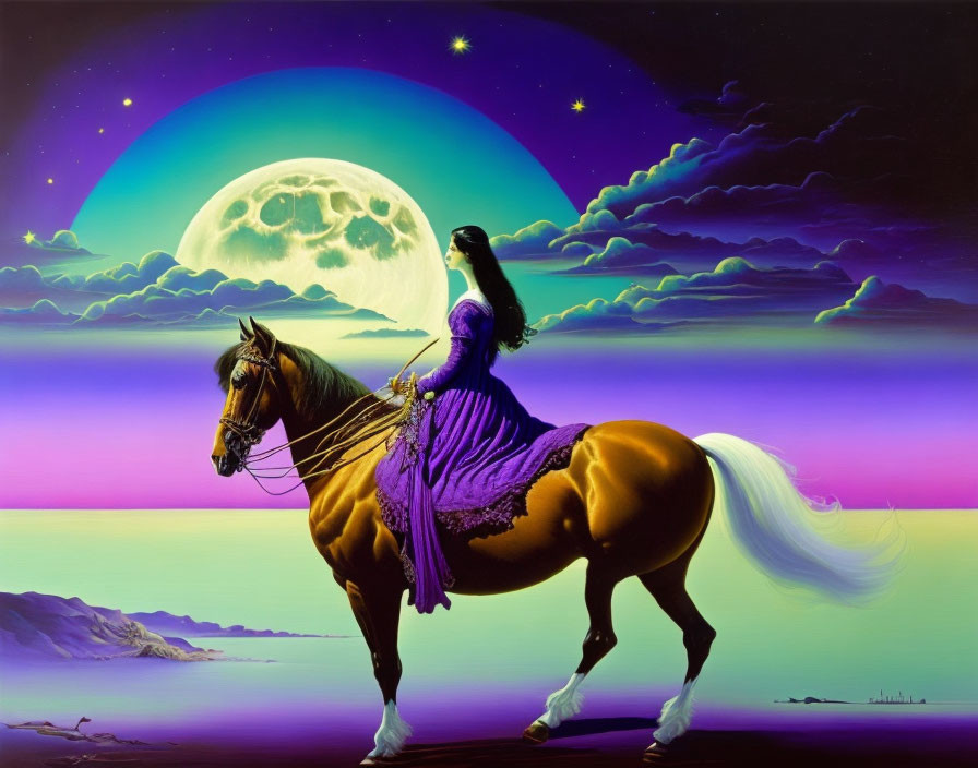 Woman in Purple Dress on Horseback Under Night Sky with Full Moon