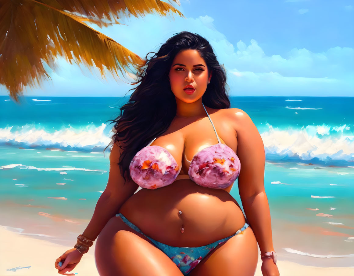 Voluptuous woman in bikini holding ice creams on sunny beach