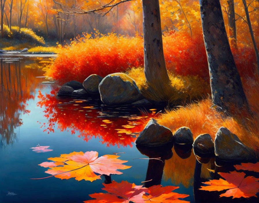 Fiery red and orange foliage by calm water in warm light