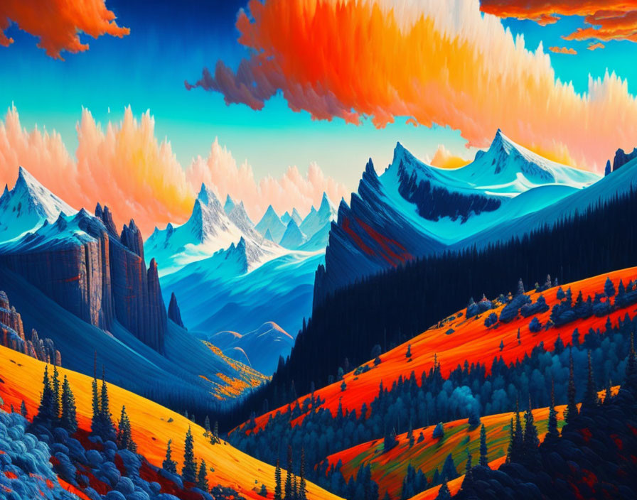 Fiery orange clouds, snow-capped peaks, azure skies, lush pine forests, and rolling hills