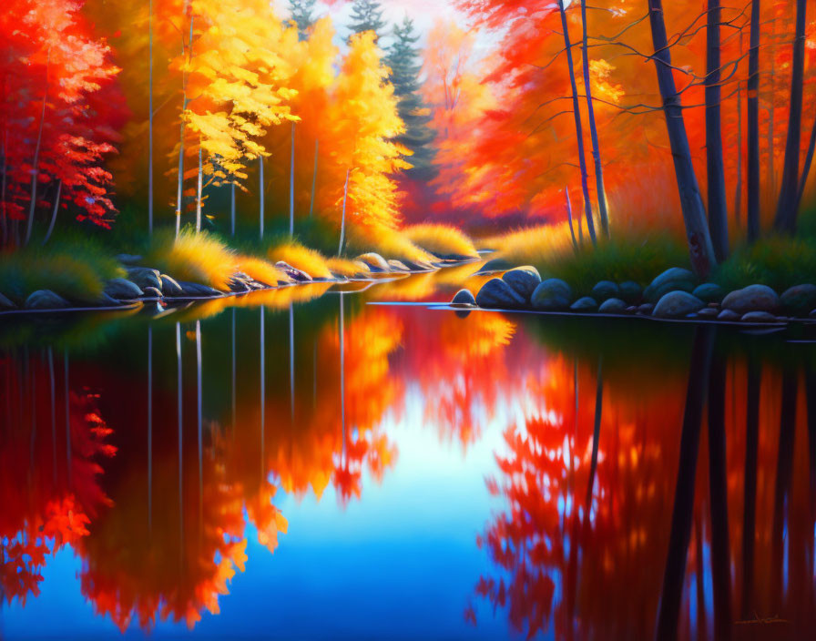 Tranquil autumn landscape with red and yellow trees reflected in a blue lake