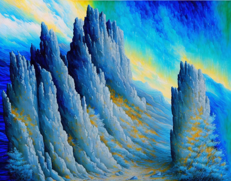 Colorful painting of towering blue and white rock formations under a dynamic sky.