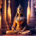 Golden figure in meditation with candles & traditional attire