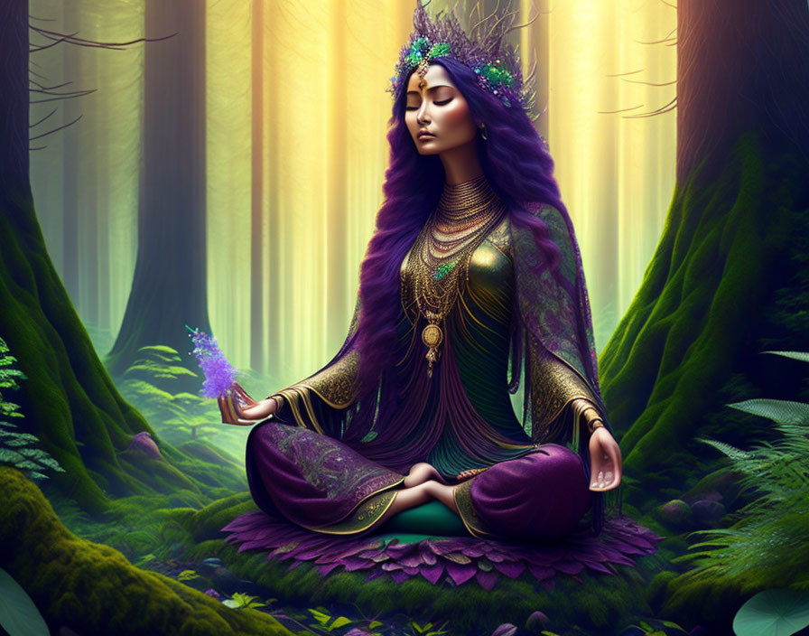 Serene woman meditating in vibrant forest with purple attire and golden jewelry