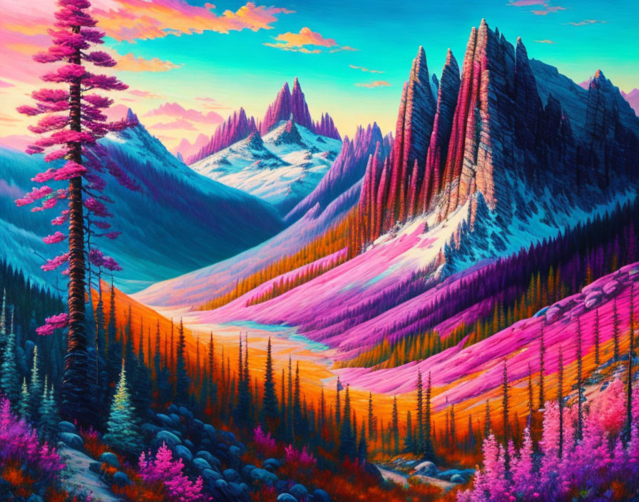 Colorful landscape with pink and purple hues, tall mountains, pine trees, and surreal valley under sunset