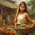 Young girl with braided hair holding fruit basket in lush setting